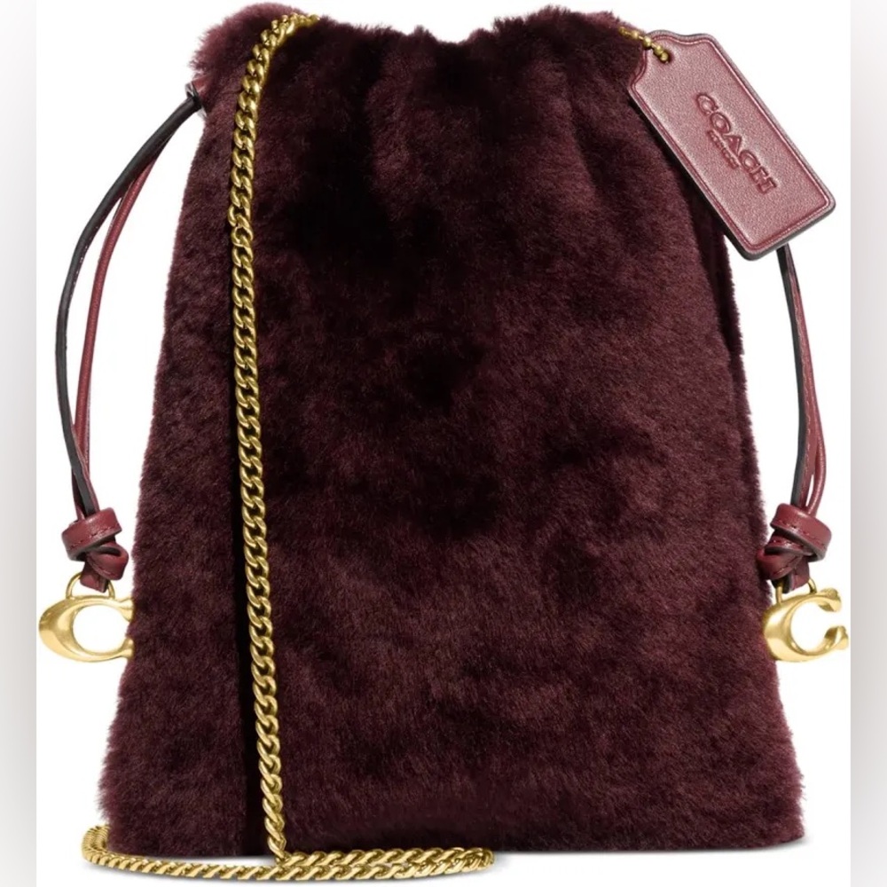 Coach Drawstring Shearling with Leather Crossbody Pouch Bag